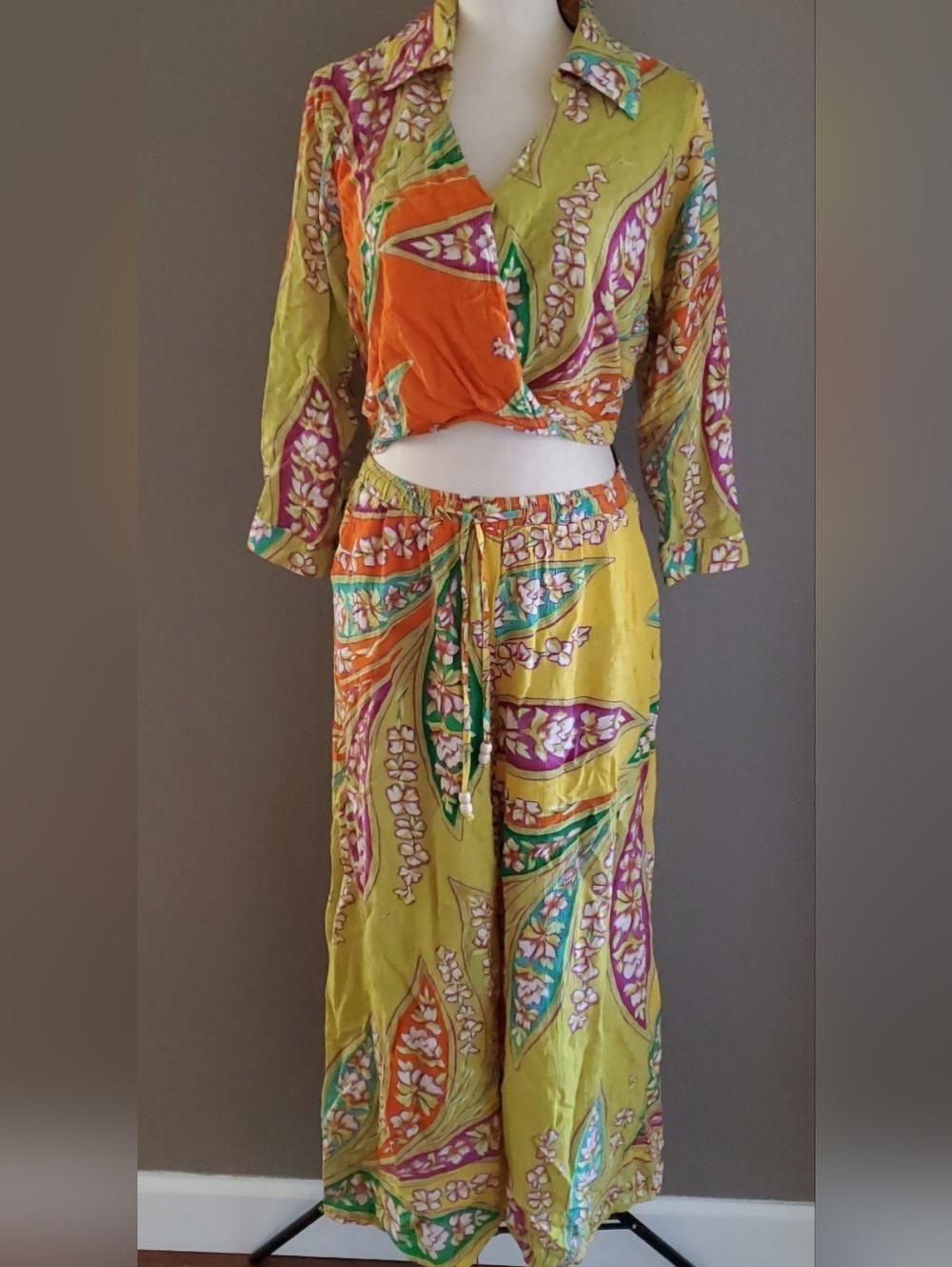 Wide-Leg Floral Print Pants and Top  in Yellow & Orange